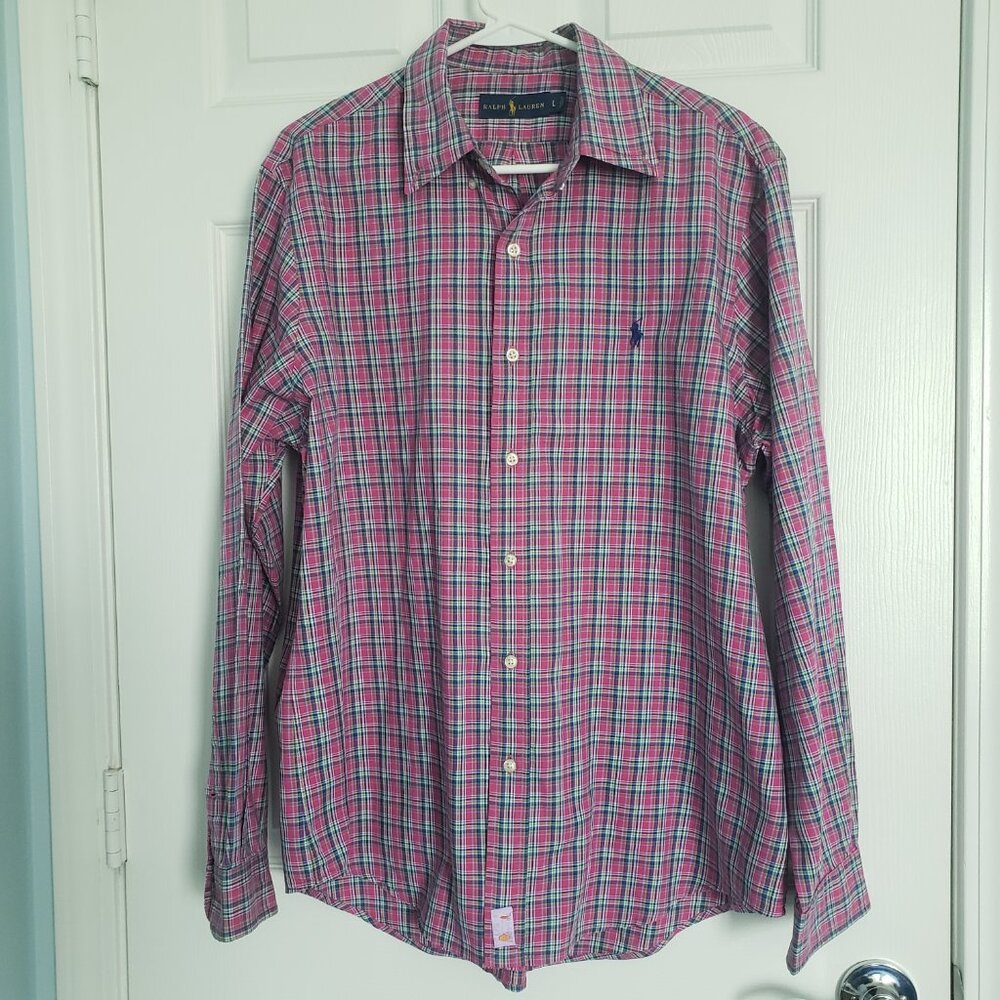 Polo Ralph Lauren Button Up L/S Shirt Mens L Pink Plaid Blue Pony Casual Preppy
